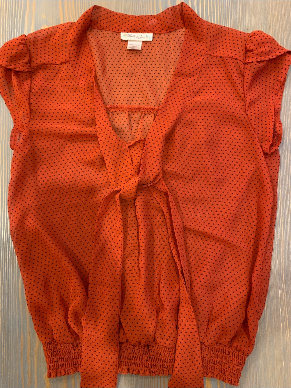 Women’s Belle Du Jour Rust Red with Black Polka Dots Tie-Neck Blouse